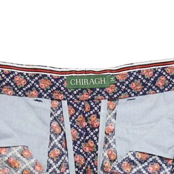 Mens 34 Floral Pants Blue Orange Cotton Geometric Flat Front Straight Trousers